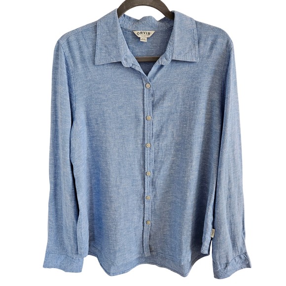 Orvis Tops - Orvis Woman Size M Linen Blend Button Up Blouse Roll Tab Sleeve Beachy Colorful
